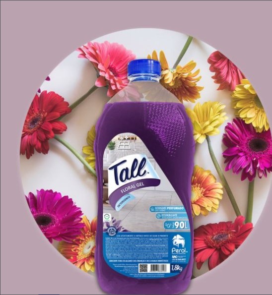 Tall Detergente Floral Gel 1,8 kg sobre fundo com flores