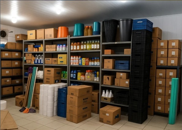 Estoque da Santos Clean com prateleiras de produtos de limpeza, papéis e descartáveis